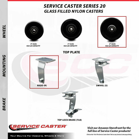 Service Caster 6 Inch Glass Filled Nylon Caster Set with Ball Bearings 2 Brakes 2 Rigid SCC SCC-20S620-GFNB-TLB-2-R-2